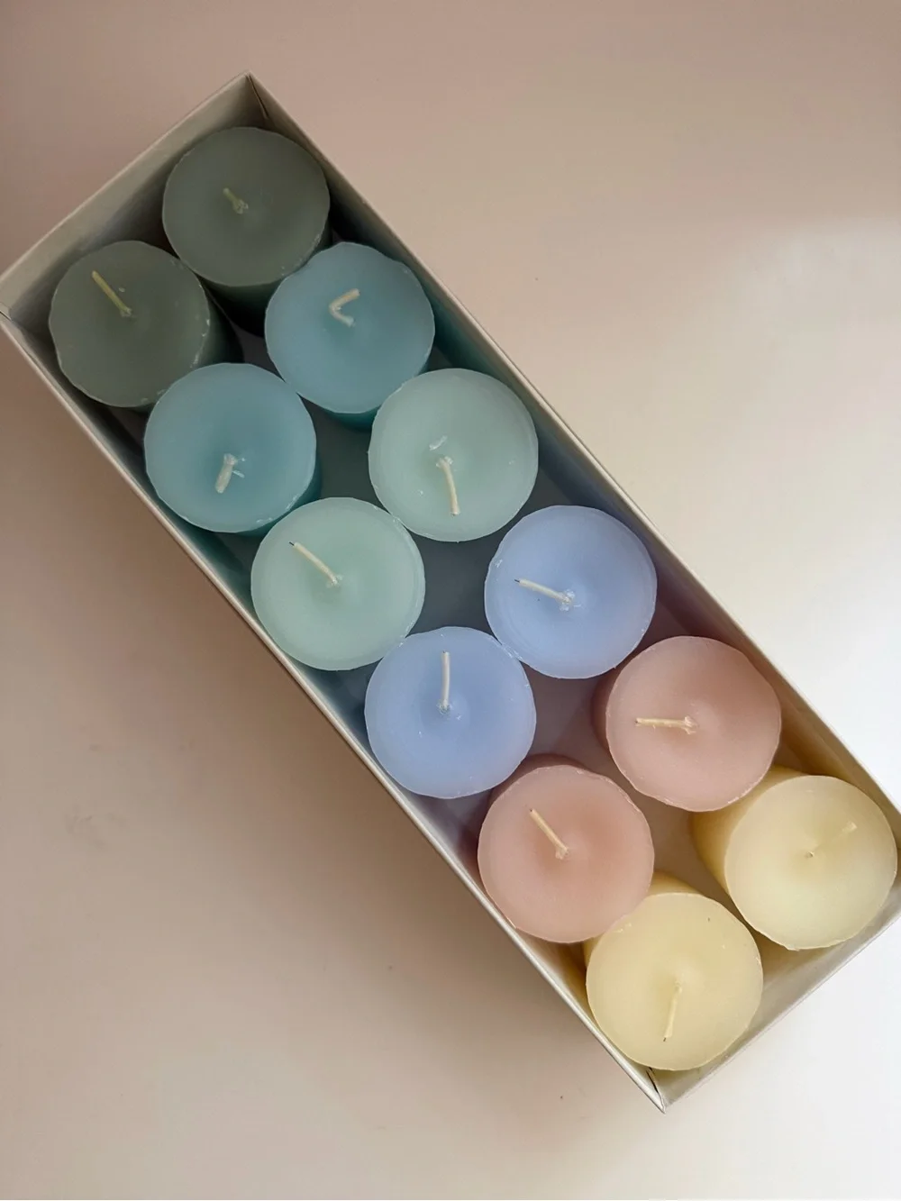 NEW Votive Candles Set of 12 Pastel Colors Unscented Boxed Pillar 2” Tall